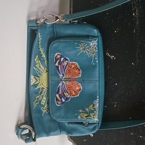 HAND PAINTED blue leather purse. Sun, butterfly, shroomz.